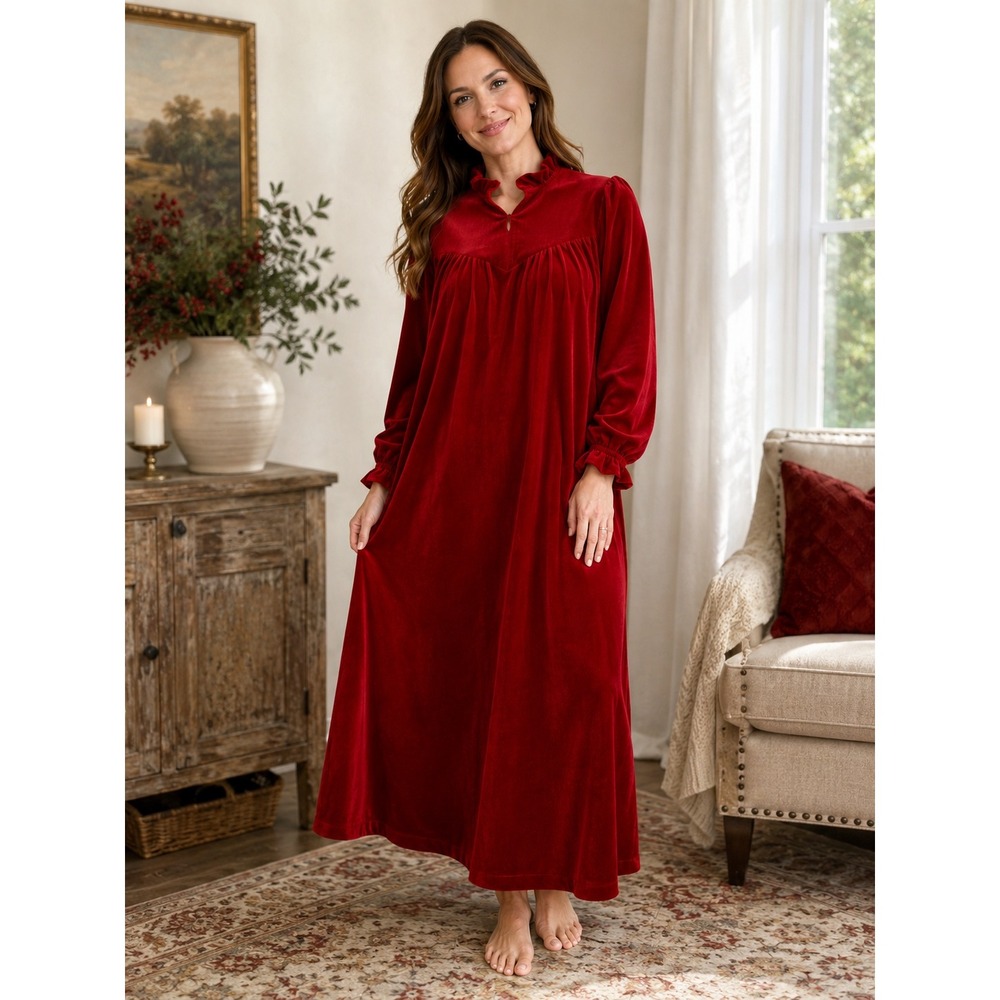 Vintage Red Velour Nightgown Women Medium Quilted Ruffle‎ Zip Long Sleeve Appel
